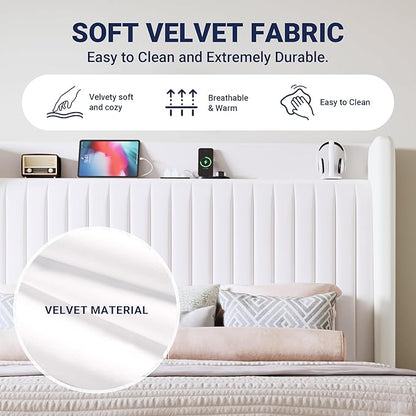Allewie Full Size Platform Bed Frame with USB Charging Station and Storage Shelf/Upholstered Velvet Wingback Headboard/Wooden Slats Support/No Box Spring Needed/Easy Assembly, White