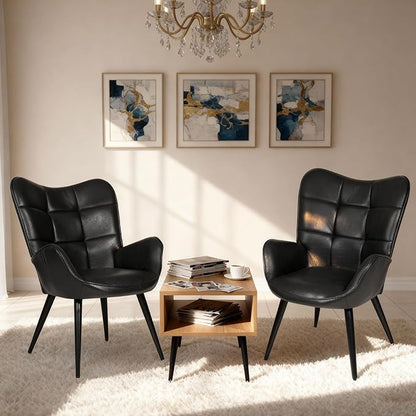 Modern Dining Room Chairs, Mid Century Faux Leather Kitchen Chairs with Back Support and Metal Legs, Accent Upholstered Dinner Chair for Kitchen, Dining Room, Living Room, Restaurant, Black