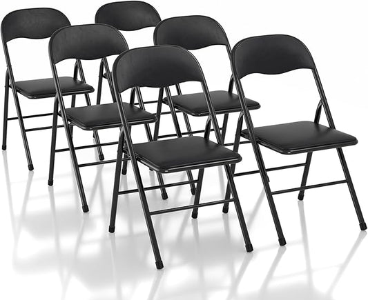 VECELO Folding Chairs 6 Pack Metal Portable with Soft PU Padded Seats for Home/Office/Party, Black