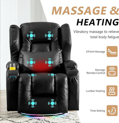 Power Swivel Rocker Recliner Chairs, Electric Wall Hugger Reclining Sofa with Massage & Heat, Comfy Theater Seating Single Chair with LED Light/USB/Type-C Ports (Leather Black, Set of 2)