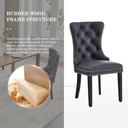 Leather Dining Chair Set of 4, Dining Room Chairs with Nailhead Ring Pull Trim, Upholstered Dining Chairs with Solid Wood Legs for Kitchen Dining Room (Black)