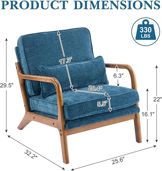 Karl home Mid Century Modern Accent Chair with Lumbar Pillow & Oak Arms – Plush Chenille Living Room Chair for Bedroom, Lounge (Blue)