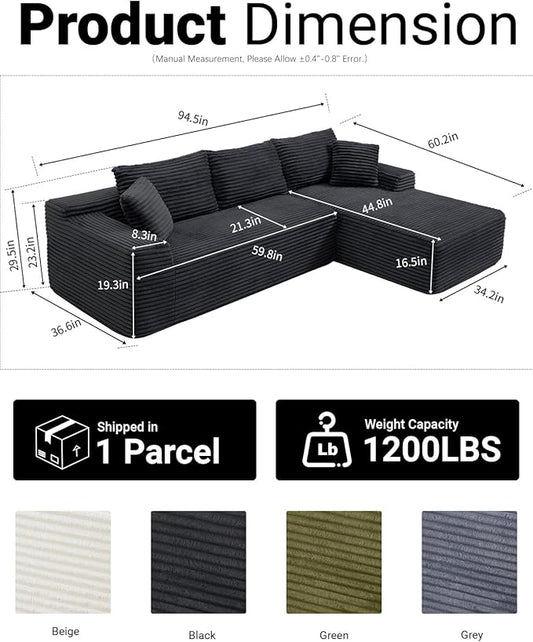 95 Inch Cloud Sectional Couch,Modular Sectional Sofa with Deep Seat,Modern Corduroy Boneless Couches with L-Shape Chaise for Living Room Bedroom,No Assembly Required (Black, Right Facing Chaise)