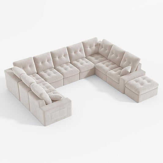 High Back Boneless Couch, Oversized U Shaped Cloud Couch with Versatile 2-Pack Pillow Blankets, Corduroy Modular Sectional Sofa with Ottoman, No Assemble Sectional Couches for Living Room