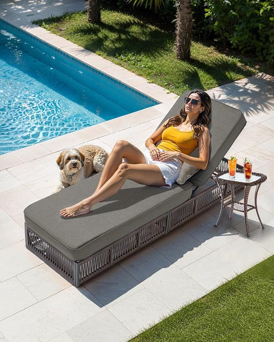 Luxury Outdoor Chaise Lounge Chairs of 2 with 5 Inch Thick Cushions and Side Table - 3 PCS High Back Brown Wicker Rattan Patio Recliners Lounger Furniture Set for Poolside Sunbathing - Grey