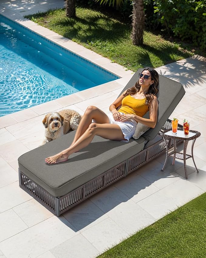 Luxury Outdoor Chaise Lounge with 5 Inch Thickened Cushions - 1 Set High Back Brown Wicker Patio Recliners Rattan Reclining Chairs Porch Poolside Pool Sunbathing Lounger - Grey