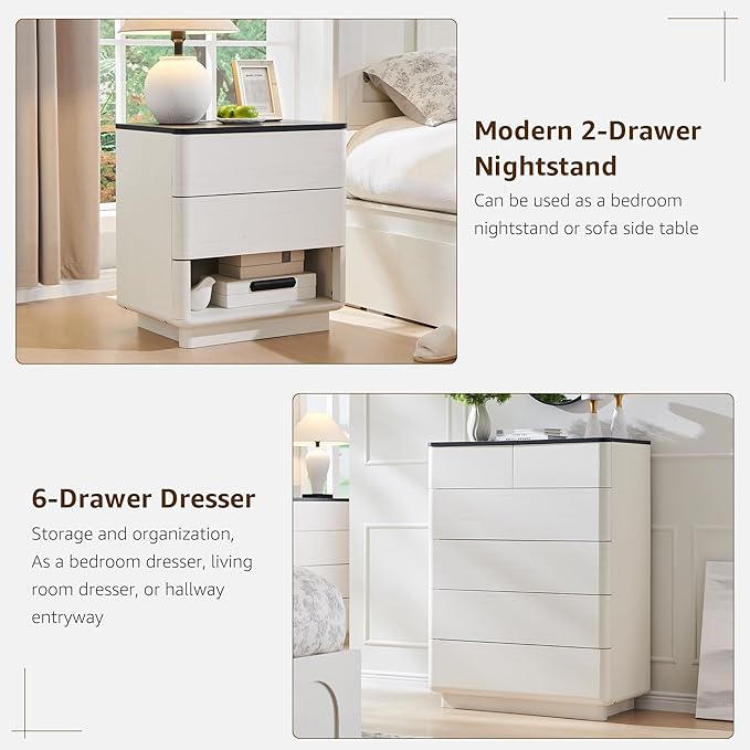 ACCOHOHO Modern Bedroom Set, 3 Pieces Bedroom Furniture Set, Wood 6 Drawer Dresser and Nightstands Set of 2, Chest of Drawers Wide Storage Organizer Cabinet for Bedroom, White