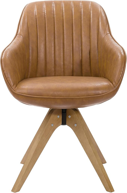 Zouron Mid Century Modern Accent Chairs with Wooden Legs, Swivel Desk Chair No Wheels, Faux Leather Vanity Side Chair for Small Space Home Office Living Room Bedroom, Brown
