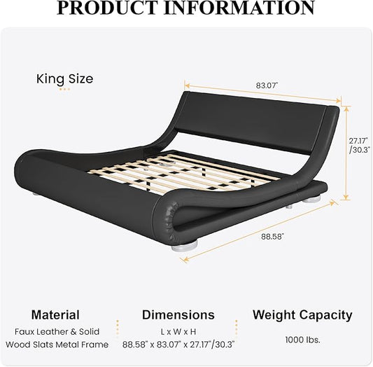 SHA CERLIN King Size Upholstered Bed Frame, Deluxe Low Profile Sleigh Bed with Faux Leather Ergonomics Headboard, No Box Spring Needed & Easy Assembly, Black