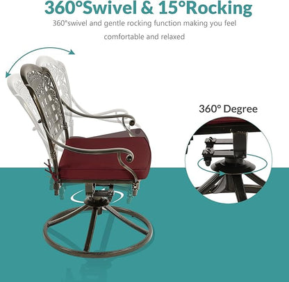 MEETWARM 9-Piece Outdoor Patio Dining Set, All-Weather Cast Aluminum Patio Conversation Set with 8 Cushioned Swivel Rocker Chairs for Backyard Garden Deck, 1 Oval Table, 2" Umbrella Hole, Chili Red