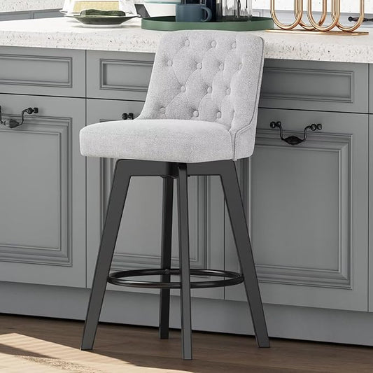 MINCETA Bar Stool, 30 Inch Upholstered Barstool with Low Tufted Back and Footrest, Swivel Counter Height Barstool for Kitchen Island Home Bar Performance Fabric Greige