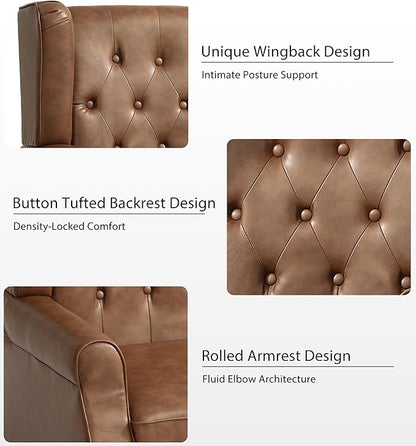 Lumibee High Back Accent Chair,Upholstered Faux Leather Wingback Armchair with Solid Wood Legs for Small Spaces,Comfy Single Sofa Chair for Living Room,Bedroom,Office-Brown