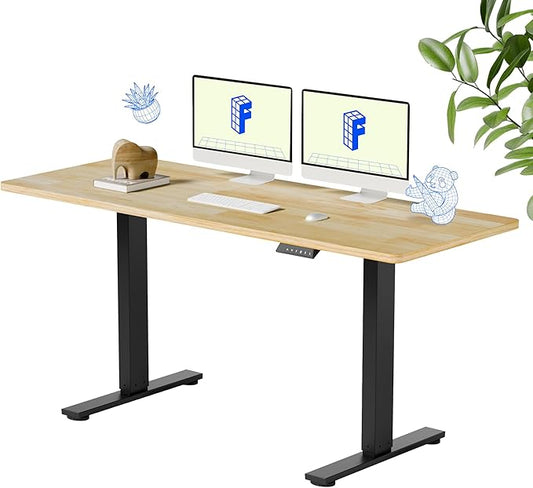 FLEXISPOT EN1 One-Piece Solid Wooden Standing Desk 63 x 24 Inches Height Adjustable Electric Sit Stand Home Office Desks (Black Frame + Rubber Wood Top, 2 Packages)
