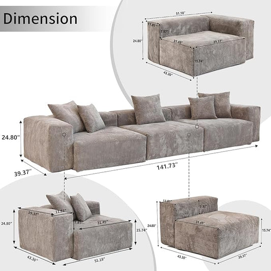WJShome Modular Sectional Sofa Couch,141.73inch Oversized 3 Seater Sofa,Upholstered with Corduroy Fabric Couches with 5 Pillows,Cushion Covers Removable& Washable