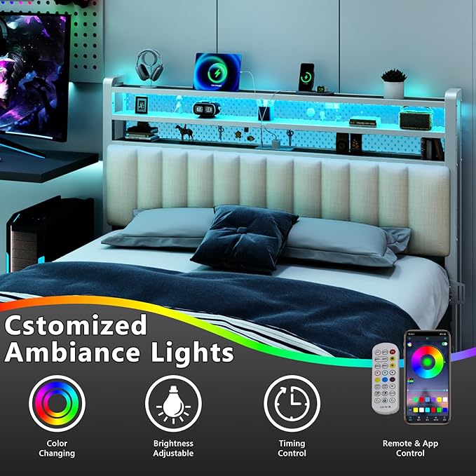 VINGLI Queen Size Headboard Only, Adjustable Upholstered Headboard with 3 Tier Shelves and Pegboard with Charging Stations and LED Lights, Modern Bed Headboard with Storage for Bedroom Decor