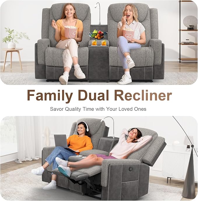 Loveseat Recliner, Manual Reclining Loveseat Sofa with Reading Light, Chic Blend Style Sofa, Storage Console, Cup Holders, USB Ports, Fabric & PU Leather, Recliner Couch for Living Room/RV