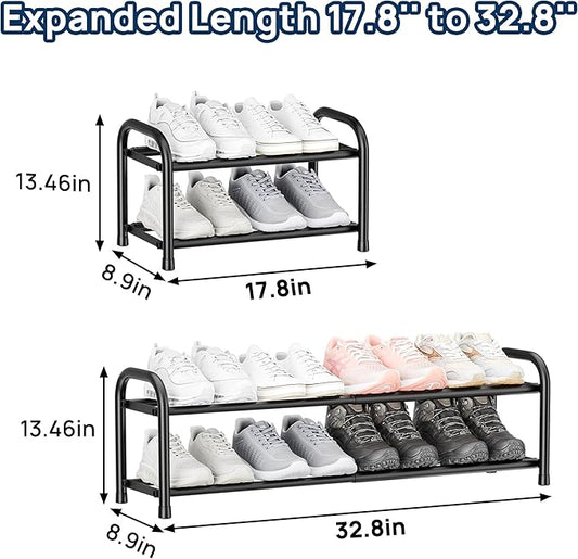 ENJOYBASICS Expandable Shoe Rack, 2 Tier Adjustable Shoe Organizer Shelf for Closet, Black Metal Free Standing Shoe Rack Storage for Small Space, Entryway