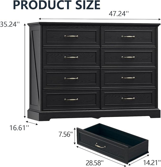 8 Drawer Dresser for Bedroom, 47" Wide Wooden Chest of Drawers, Rustic Farmhouse Dresser with Large Drawers & Metal Handles, Modern Storage Organizer for Closet, Living Room, Hallway, Black