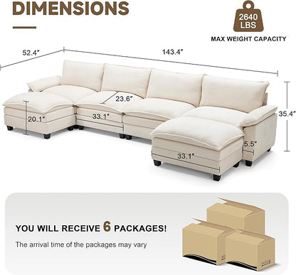 147 Inch Big Comfy Couch with Ottoman, 6 Seat U Shaped Couches, Cloud Modular Sectional Sofa, Modern Cloud Couch Sectionals, Sectional Couches for Living Room, Oversize Deep Seat Sofa, Beige