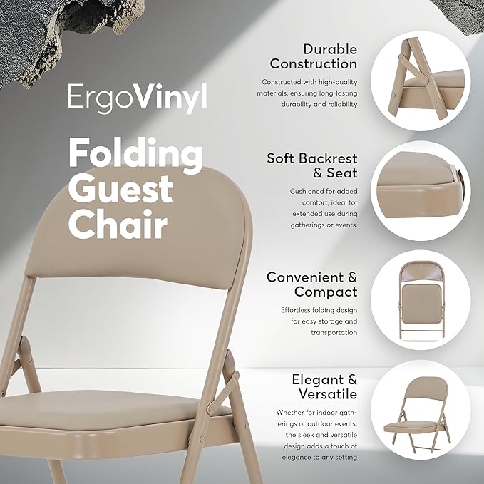 Oline Vinyl Folding Chairs, Padded Vinyl Cushion Chairs with Durable Metal Frame, Indoor Outdoor Stackable Foldable Guest Chairs for Office Wedding Kitchen Dining, 300lb Capacity (Khaki, 1 Pack)