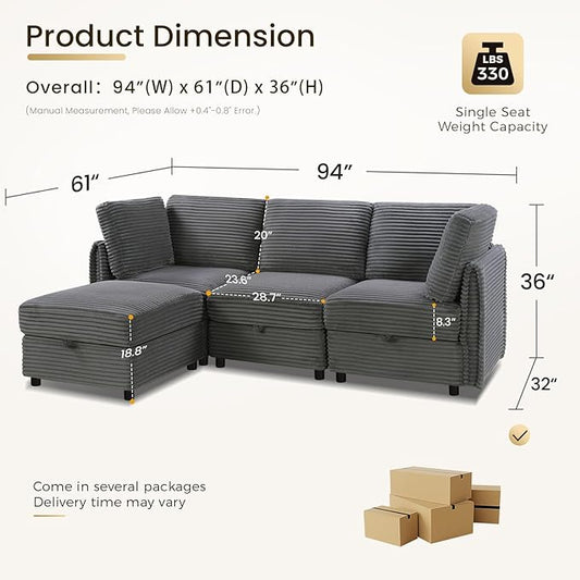 KKL Modular Sectional Sofa L-Shaped 4 Seater Couch with Storage Ottoman, Plush Wide-Wale Corduroy Couch for Living Room, Apartment, Modern Design, Gray