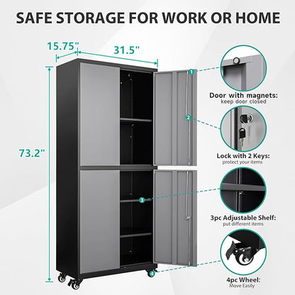 SISESOL Metal Storage Cabinet with Wheels,Rolling Garage Storage Cabinet with Lock,Gray Lockable Metal Cabinets with Shelves,Tall Tool Cabinets on Wheels for Garage,Home,Office,Shop