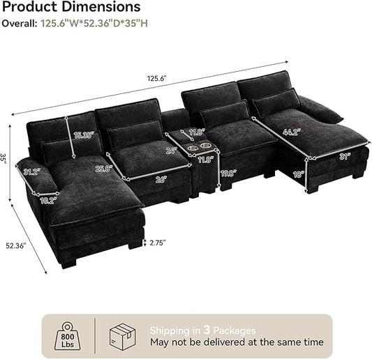U Shaped Sectional Sofa with Storage Console, Cup Holders & USB Ports, Small Modular Cloud Couch with Deep Seats, Modern Comfy Living Room Sofa for Apartment, Chenille Black