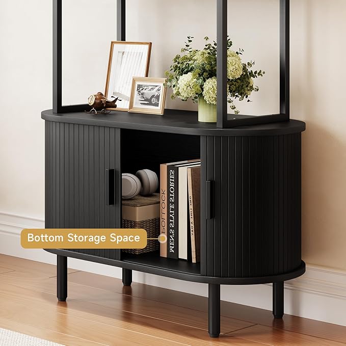 71" Tall Fluted Bookshelf with Sliding Tambour Doors, 4-Tier Mid Century Modern Metal Bookcase Cabinet w/Open Display Storage Shelf, Display Cabinet for Office, Living Room Black
