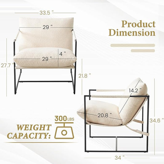 Furnilivng Large Sling Accent Chair, Comfortable Boucle Fabric Arm Chair, Upholstered Cozy Reading Chair for Living Room, Bedroom, Dressing Room, Home Office, White