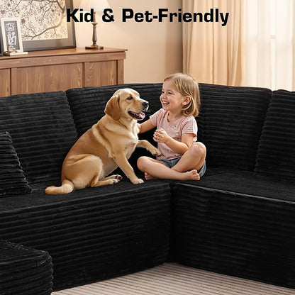 146'' Oversized Boneless Sectional Couch, U Shaped Cloud Couches with Chaise & Ottoman, Plush Corduroy 8 Seater Deep Seat Modular Sofa Sets for Living Room, No Assembly Required, Black
