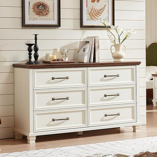Farmhouse Bedroom Dresser and Nightstand Set of 4, 6 Drawer Low & 5 Drawers Dresser & 2 Drawer Nightstand Set, Rustic Wood Bedroom Furniture Set for Livingroom, Hallway, White