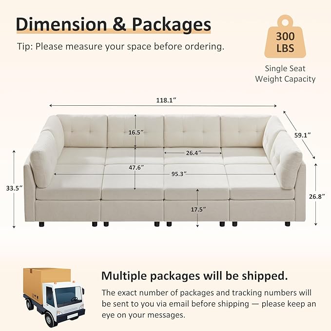VANOMi 118" Modular Sectional Sofa with 2 Ottomans, 8 Seater Convertible Modular Cloud Sofa Bed, Comfy Chenille Sofas & Couches for Living Room, Apartment, Office, Beige, Large Sofa Bed