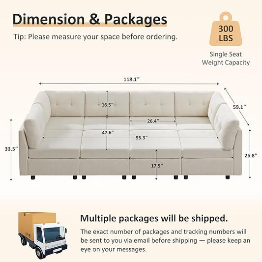 VANOMi 118" Modular Sectional Sofa with 2 Ottomans, 8 Seater Convertible Modular Cloud Sofa Bed, Comfy Chenille Sofas & Couches for Living Room, Apartment, Office, Beige, Large Sofa Bed