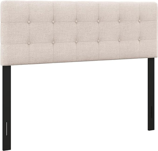 KOMFOTT Linen Upholstered Headboard for Full & Queen Size Bed Frame, Tufted Button Bed Headboard with Solid Rubber Wood Legs, Rectangular Headboard with Adjustable Width, Beige