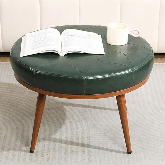 Round Ottoman Coffee Table, 24-Inch Faux Leather Cushioned Footstool with Solid Wood Bookshelf & Frame, Multifunctional Storage Ottoman for Living Room, Bedroom (Green)