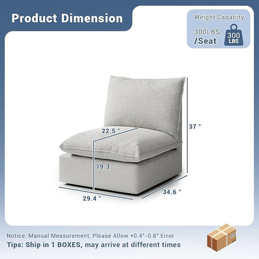 Cloud Middle Sectional, Waterproof Down Filled Sectional Sofa, High Backrest Modular Sectional Couches for Living Room, Modern Modular Couch with Removable Cover, Light Gray