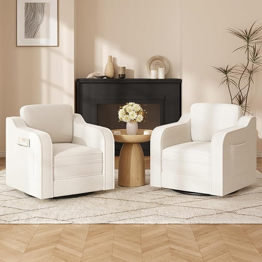 Swivel Accent Chair Set of 2 for Living Room, 30 Inches Barrel Upholstered Armchair, Cozy Modern Arm Chair Single Sofa for Bedroom, Apartment, Reading Room, White