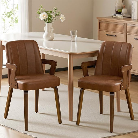 Kitchen Dining Chairs Set of 2, Faux Leather Upholstered Dining Room Chairs with Wood Arms and Legs, Mid Century Modern Kitchen Side Chair for Living, Bedroom, Restaurant, Walnut/Brown