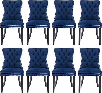 Velvet Upholstered Dining Chairs Set of 8, Modern Style Kitchen Side Chairs with Nailhead Trim and Wood Legs,Metal Pulling Ring for Dining Room Living Room(Blue)