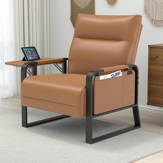 Upholstered Accent Chair, Modern Faux Leather Sofa Chair with Foldable Side Tray Table & Storage Pocket, Small Accent Sofa for Living Room, Bedroom, Reception Room, Brown
