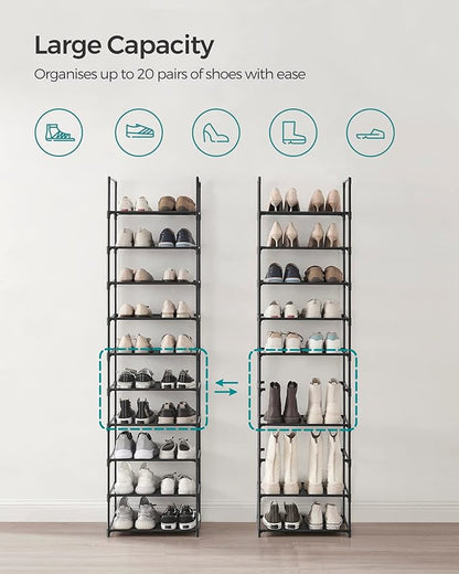 SONGMICS Shoe Rack, 10-Tier Shoe Shelf, Shoe Storage Organizer, 11 x 17.7 x 68 Inches, Metal Frame, Non-Woven Fabric Shelves, for Entryway, Bedroom, Black ULSH010B02