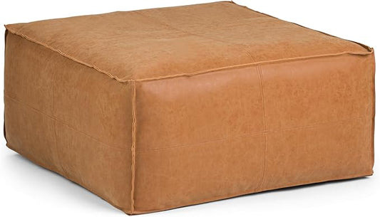 SIMPLIHOME Brody 30-inch Wide Large Square Coffee Table Pouf in Distressed Brown, Vegan Faux Leather Ottoman, Footrest, or Extra Seating for Living Room, Assembled