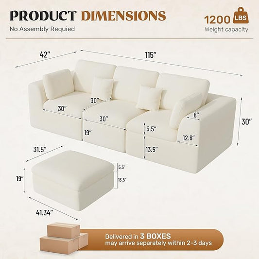 Loveseat Sofa, Cloud Boneless Couches for Living Room, 2 Seater Modular Sectional Sofa,Oversized,Beige Chenille