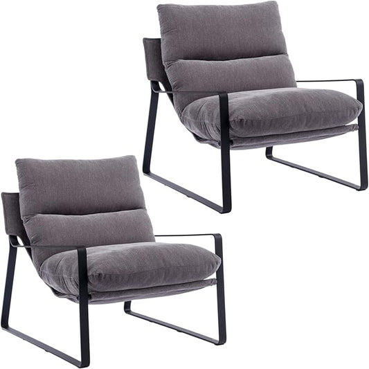 Mid-Century Accent Chair Set of 2, Comfy Linen Fabric Side Chair with Armrest, Upholstered Leisure Chair with Black Metal Frame for Living Room Bedroom Reception Room, Grey