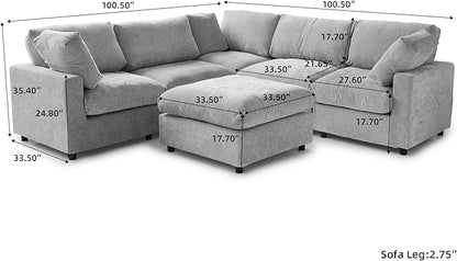 WJShome Cloud Couch Modular Sectional Sofa,100.5" V Shaped Couch, Convertible Wide Seater with Ottoman, 6 Seater for Living Room Set,Covers Washable&Replaceable,Gray