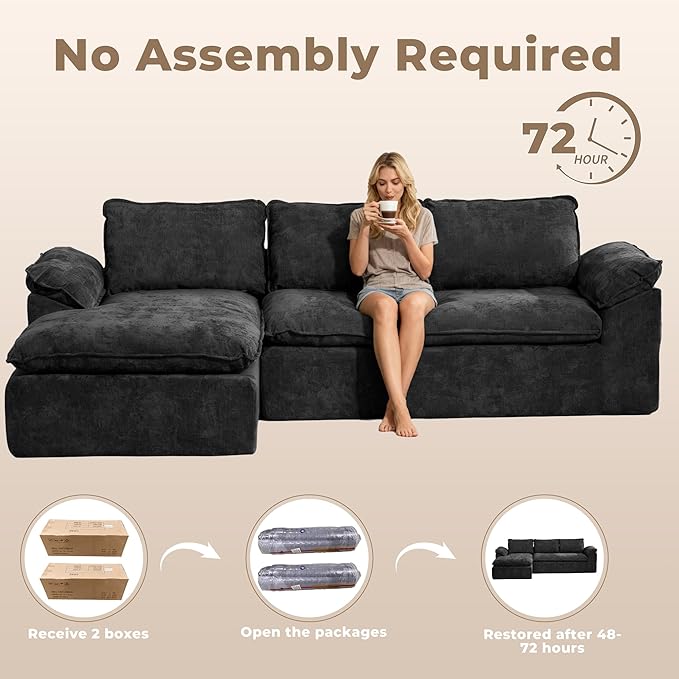 Modular Sectional Sofa, 107.5" L-Shaped Boneless Couch with Deep Seat, Modern Minimalist Upholstered Cloud Sectional Couch for Living Room Bedroom, No Assembly Required, Black Chenille