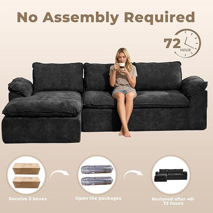 Modular Sectional Sofa, 107.5" L-Shaped Boneless Couch with Deep Seat, Modern Minimalist Upholstered Cloud Sectional Couch for Living Room Bedroom, No Assembly Required, Black Chenille