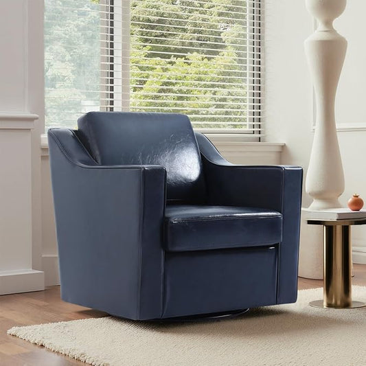 UIXE Faux Leather Swivel Accent Chair, Upholstered Arm Chair for Living Room, Modern Club Armchair Comfy Single Sofa Bedroom Reading Seat with Lumbar Pillow - Navy Blue