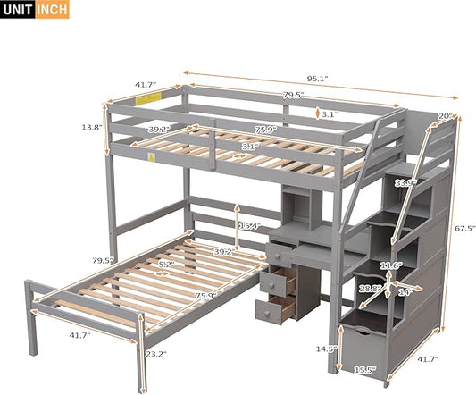 Twin Size Solid Wood Loft Bed with Storage Staircase and Desk, Bedroom Multifunctional Separable Bed Frame w/Shelves & Drawers,No Box Spring Needed,for Adult Kid Boy Girl,Gray