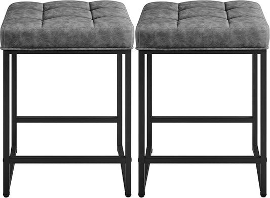 Yaheetech Bar Stools Set of 2, 24 Inch Counter Height Bar Stools Set, Backless Kitchen Island Stools, Faux Leather Stools for Kitchen Counter, Grey